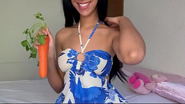 You won't believe where she stuck that carrot! Naughty schoolgirl having sex with vegetables.