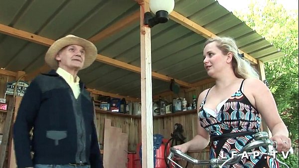 Pretty little slut with big tits and big ass caught in a threesome with grandpa