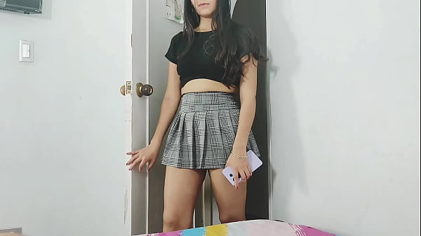 Very hot stepdaughter dressed as a shows her skirt to her stepfather and ends up lying on his bed