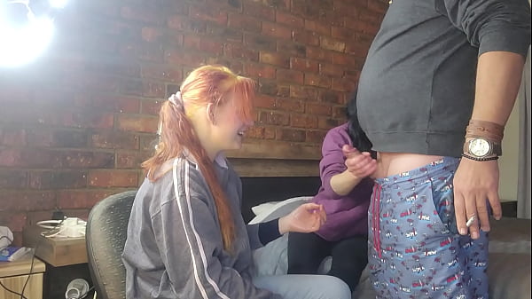 Two shy girls playing with my massive cock