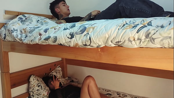 My stepsister masturbates on the bed below and convinces me to give her my milk