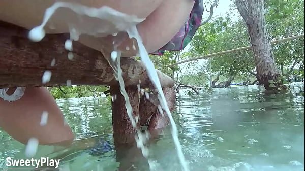 Strong anal milk enema pushing out outdoors