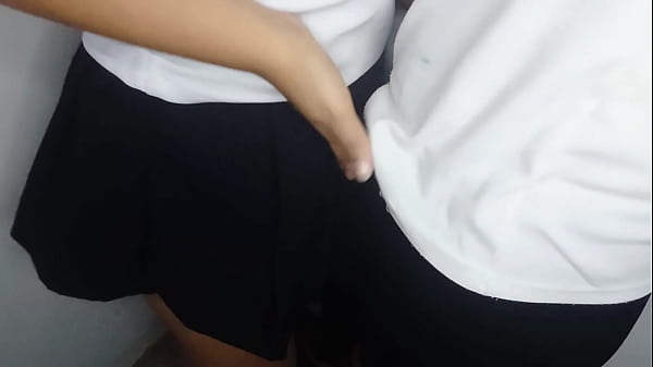 Horny student couple fucks standing up in a corner of the classroom and ends up in a creampie