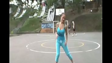 Busty cute petite teen Paris Milan plays on the court
