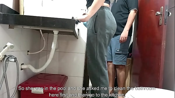 Maid is caught in the bathroom.