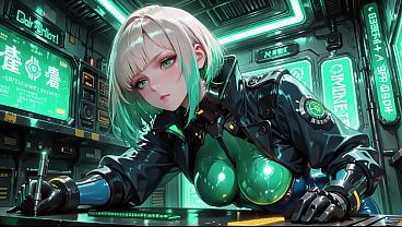 AI-generated- Cyber Agent's Private Night! The blonde siren in her neon tactical suit lounges seductively inside the high-tech command center.